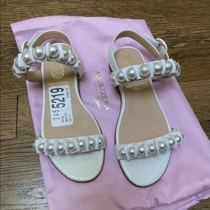 New AQUAZZURA White Girl Pearl Sandals Flats Shoes Size 28 11